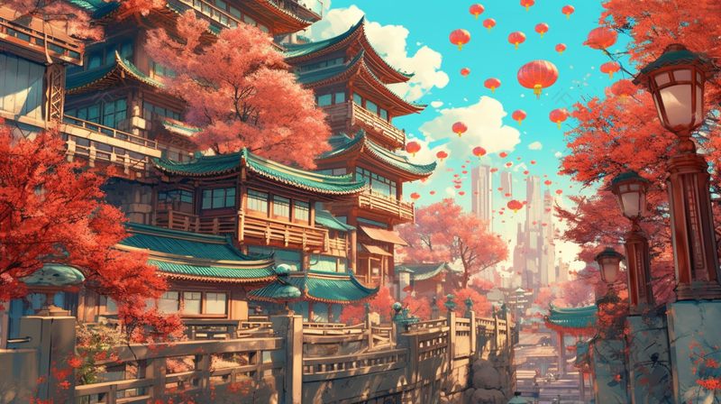 大唐芙蓉园中国风古风城市房屋建筑红色的树木和空中飞起的灯笼横版,插画/手绘图,插画/手绘图库,插画/手绘图下载,插画/手绘